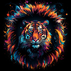 illustration of an abstract, neon tiger in pop art style on a black background, Ai generative