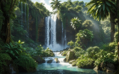 A beautiful waterfall in forest, Generative AI Illustration.