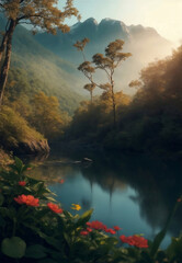 Mountain and river in nature, Generative AI Illustration.