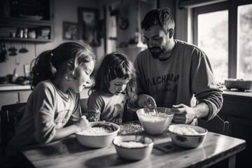a handsome white american family eating cornflakes porridge for breakfast with a spoon. black and white photo. father and his daughters children. Generative AI