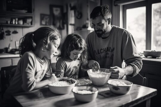 A Handsome White American Family Eating Cornflakes Porridge For Breakfast With A Spoon. Black And White Photo. Father And His Daughters Children. Generative AI