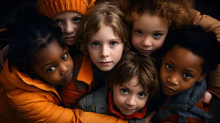 Children of varied races embracing in a gesture of friendship. Concept of inclusion and non-discrimination