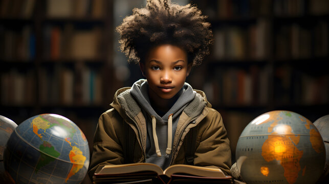 African-American teenager watching while studying in a darkened library with a book in front of him and a globe on the table