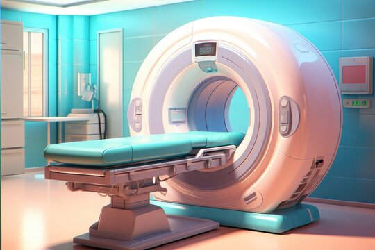 MRI scanner room in hospital, CT scanner in hospital laboratory.