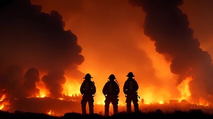 Fototapeta na wymiar firefighter silhouette with city burning background, generative Ai art 