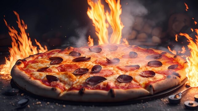 Delicious pizza on fire image illustration, generative Ai art