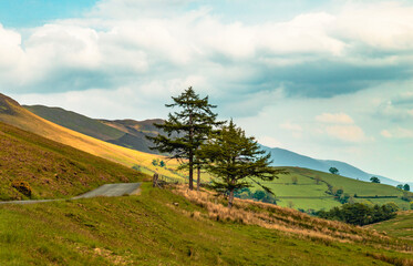 The scenery of the Honister Pass in the Lake District in sunny days