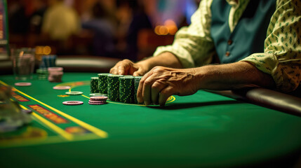 Close-up of people play Blackjack in casino