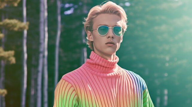 Young Male Model Posing With Trendy Man Fashion Outfit In Colorful Rainbow In Forest Background. Picturesque Generative AI