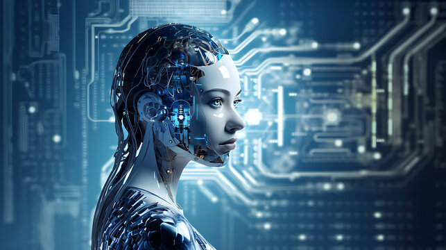 AI Futuristic Wallpaper, Female Android Robot Face, Artificial intelligence concept, Futuristic robot head with technology neural system. 