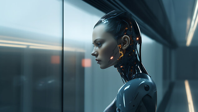 Futuristic Female Android Face: AI Concept, robot apocalypse, lonely robot, robot feeling, , Female Android Portrait, Future of Artificial Intelligence