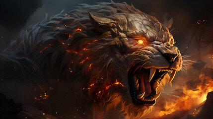 Roaring mighty fantasy lion with flames and glowing lights, Ai generative
