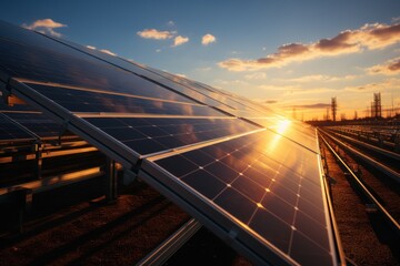 photovoltaic solar panel The concept of renewable energy Generate clean environmentally friendly electricity at sunset.