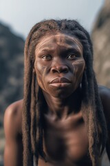 portrait of a cavewoman, cave woman, female neanderthal with black skin, african homo hablis