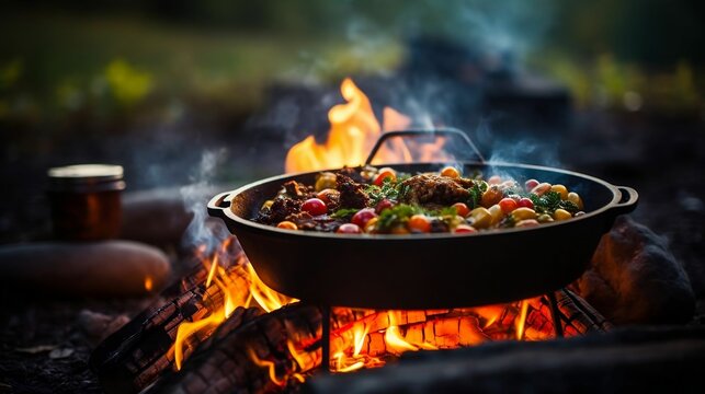 Enchanting image captures bubbling stew over crackling fire