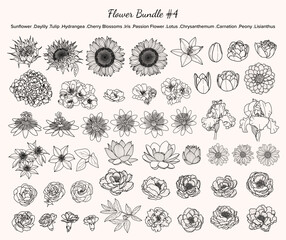 Flower Line Drawing Bundle, Floral Fine Line Art, Blooms, Buds, Leaves, Vector Sunflower, Tulips, Lotus, Peony Flower Black & White Doodle, For Tattoo, Cricut, Laser Cut, Branding, Wedding, PoD