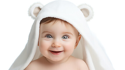 Portrait close-up cute baby under towel lying or sitting on bed after bath time isolated on white background