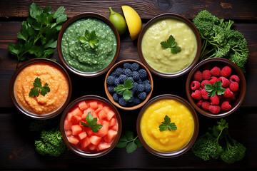 Baby foods. Various bowls of fruit and vegetable puree with ingredients for cooking on wooden table