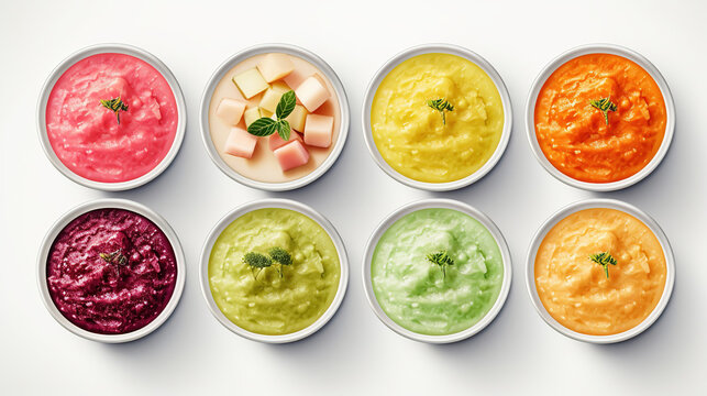 Baby food. Various bowls of fruit and vegetable puree with ingredients for cooking isolate on white background