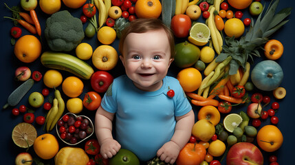 Fototapeta na wymiar Baby surrounded with fruits and vegetables on blue blanket, healthy child nutrition, top view