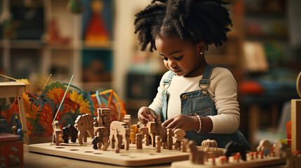 Black skin child playing with educational toy in nursery. Adorable toddler baby playing with educational wooden toy at home, smiling, sitting on carpet - obrazy, fototapety, plakaty