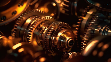 Fototapeta na wymiar Close-up of metallic gears and auto parts. A stunning macro photograph of automotive gears, showcasing their metallic texture and precision, artfully lit with dramatic contrasting lights