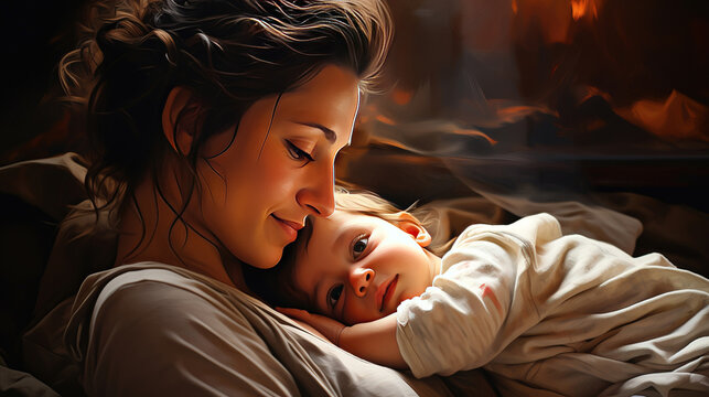 Loving Mom Carrying Of Her Newborn Baby At Home. Bright Portrait Of Happy Mum Holding Sleeping Infant Child On Hands. Mother Hugging Her Little 2 Months Old Son At Bed Room Background