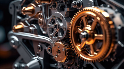 Close-up of metallic gears and auto parts. A stunning macro photograph of automotive gears, showcasing their metallic texture and precision, artfully lit with dramatic contrasting lights