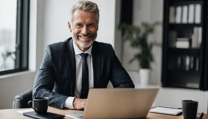 Smiling businessman CEO using laptop in office
