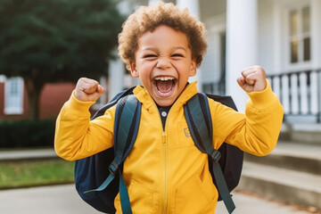 Naklejka premium Excited Little Boy with Backpack Ready to Go Back to School - Generative AI