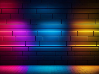 Ilustración en horizontal de una pared de ladrillo iluminada con tres colores