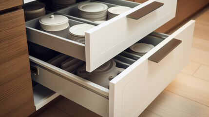 The open kitchen drawer reveals a well-organized collection of plates, showcasing a clever solution for kitchen storage and organization. - obrazy, fototapety, plakaty