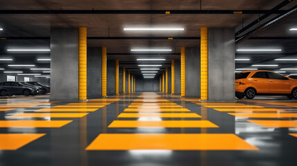 A closed underground parking lot showcases modern cars, and the scene is enhanced by yellow markings. - obrazy, fototapety, plakaty