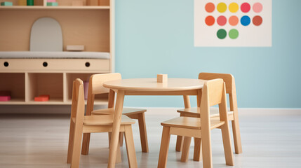 Children's tables and chairs are set up in the interior of a large kindergarten room. The kindergarten provides a spacious area with tables and chairs for the children.