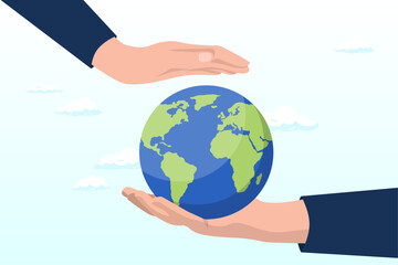Businessman hand holding planet earth with care and other hand cover for protection, save the world, peace or ecology, sustainability and environment protection, world care and support (Vector)