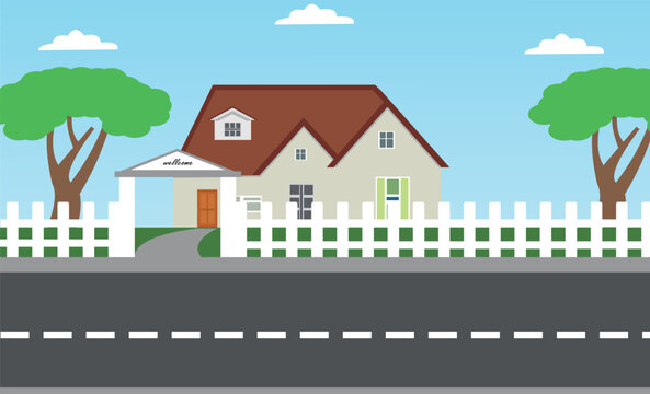 Suburban houses, street with cottages with garages. A street of houses with green trees and a road in perspective. Village. Vector illustration in cartoon style.