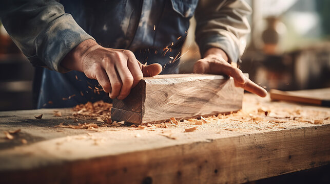 A carpenter's hands skillfully planing a plank of wood with a hand plane.