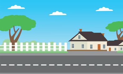 Suburban houses, street with cottages with garages. A street of houses with green trees and a road in perspective. Village. Vector illustration in cartoon style.