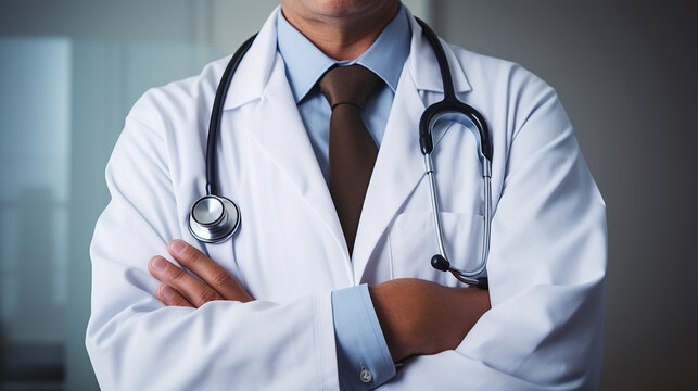 The doctor confidently stands with arms crossed and a stethoscope, next to a medical advice and health insurance banner.
