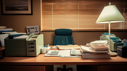 Piles of paperwork and a lit lamp adorn the corporate office interior, embodying the concept of a professional workspace.