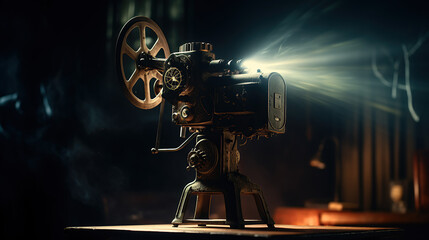 The cinematography concept comes to life with a vintage old-fashioned projector projecting a film in a dark room. - obrazy, fototapety, plakaty