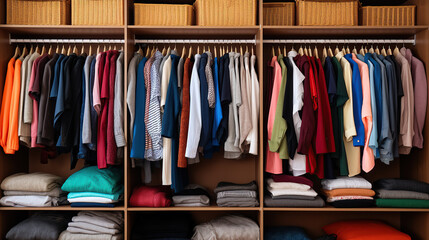 The wardrobe is stocked with different men's and women's clothes.