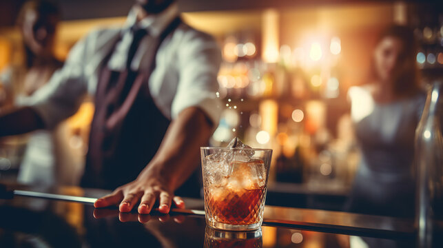 The bartender is captured shaking a cocktail against a blurred bar background.