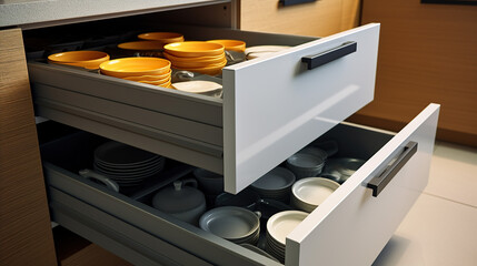 A smart storage and organizing solution for the kitchen is demonstrated with an open drawer displaying well-organized plates.