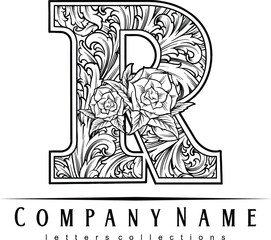 Vintage botanical r engraved flower monogram silhouette  vector illustrations for your work logo, merchandise t-shirt, stickers and label designs, poster, greeting cards advertising business company 
