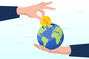 Businessman investor hand put dollar coin money into globe coin bank, international economy, global investment, financial opportunity around the world, developed market and emerging markets (Vector)