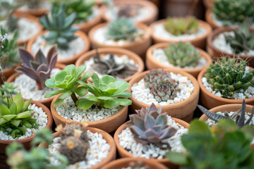Succulent plant in small terracotta pots in flower shop closeup. Big variety of green organic pot-plants designed to diversify home interior placed in greenhouse. Plant lovers, indoor gardening.