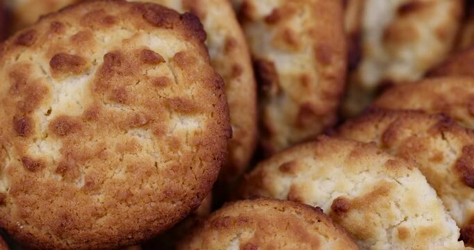 focus on packaged coconut cookies, a box of wheat flour cookies with coconut chips added
