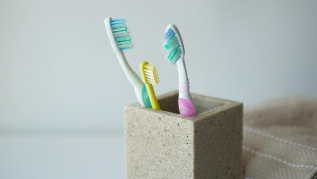  colorful toothbrushes in white mug against a wall 