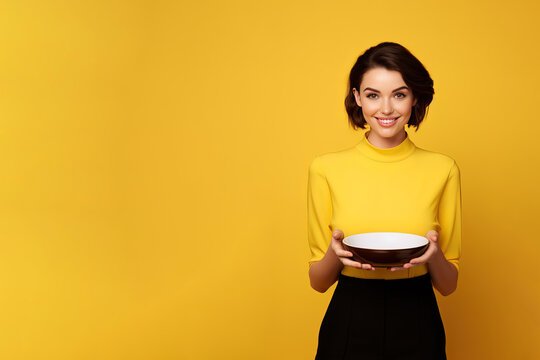 Young beautiful stylish woman holding an empty plate or dish isolated on yellow background with copy space